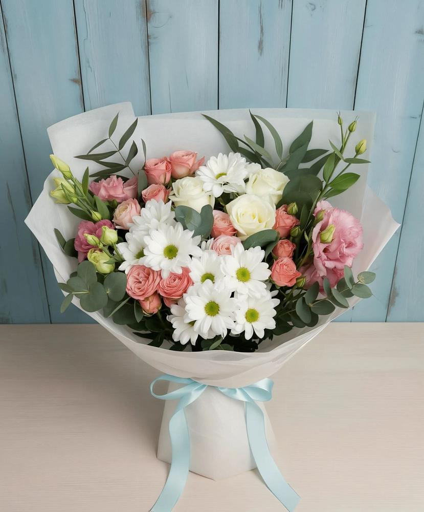 Букет цветов из: Розы, Лизиантусы и Хризантемы в Посёлок Подольской машинно-испытательной станции