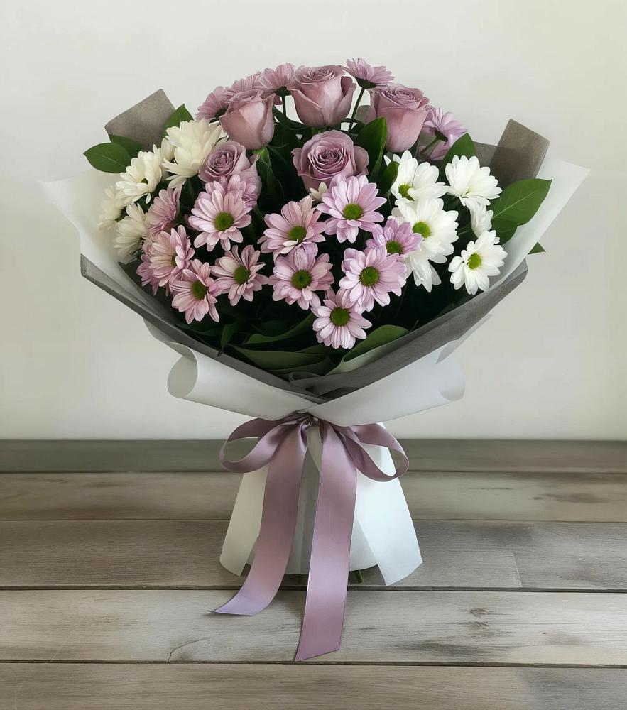 Букет цветов из: Хризантемы и Розы в Посёлок Подольской машинно-испытательной станции