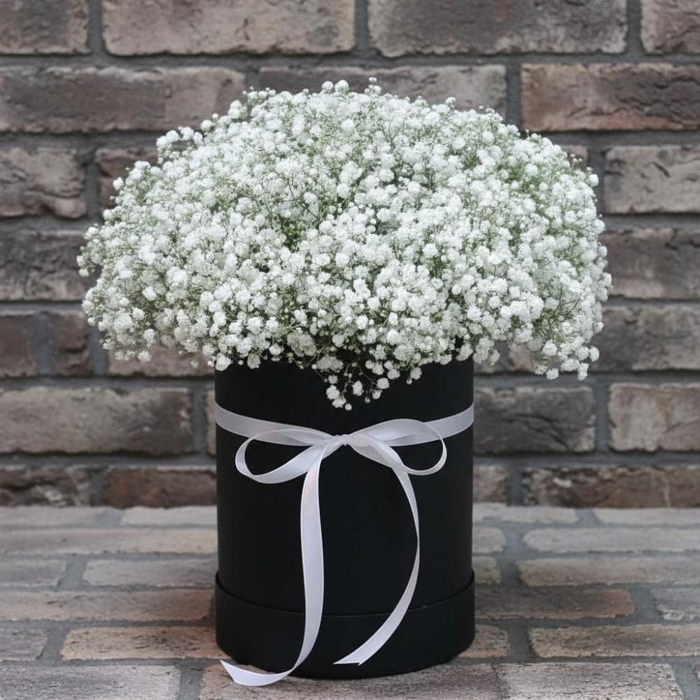 Цветочная композиция из Гипсофила в шляпной коробке в Посёлок Подольской машинно-испытательной станции