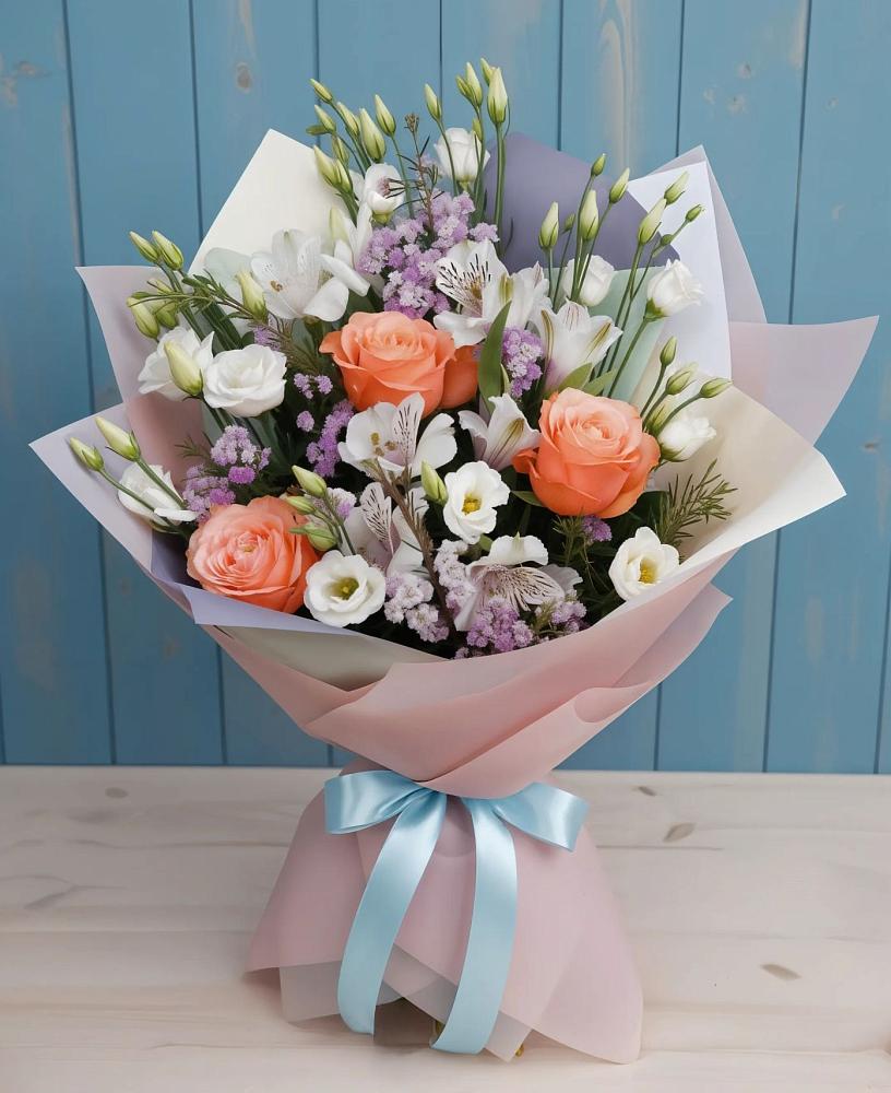 Букет цветов из: Лизиантусы, Розы, Альстромерии и Гипсофила в Посёлок Подольской машинно-испытательной станции