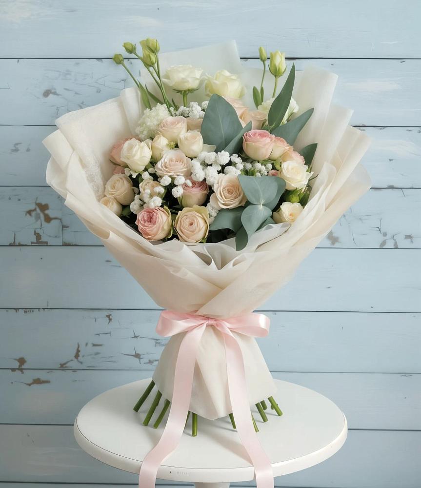 Букет цветов из: Розы и Лизиантусы в Посёлок Подольской машинно-испытательной станции